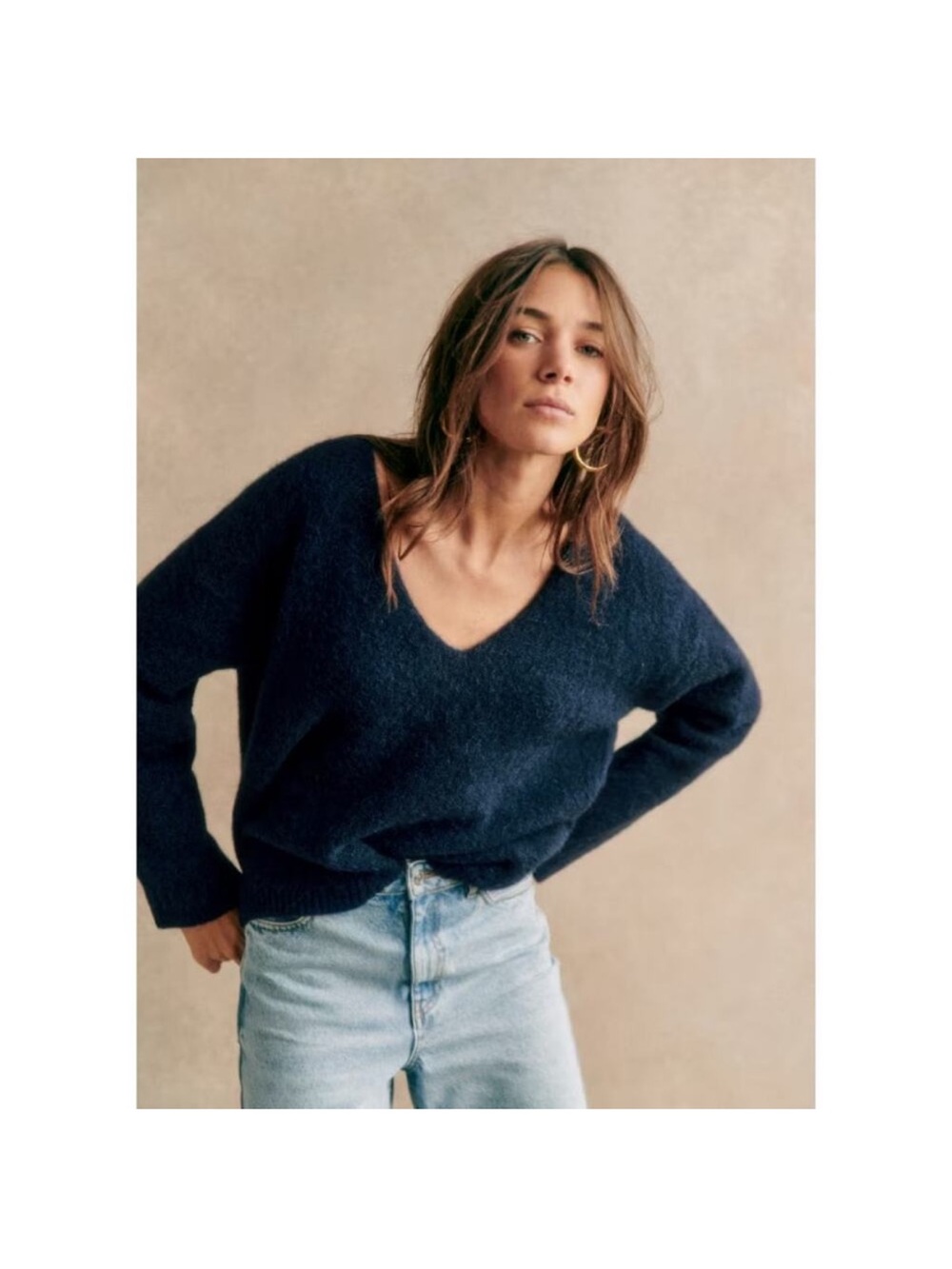 Sezane Deep Navy V-Neck Mohair-Blend Sweater NWT
